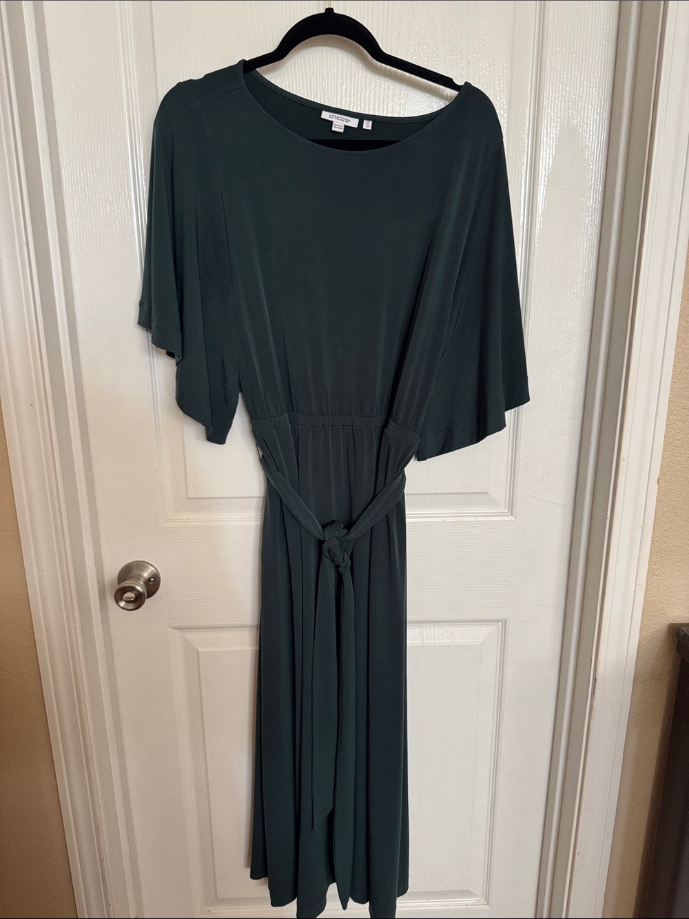 Chico's Dark Green Maxi Dress with Flutter Sleeves and Tie Waist